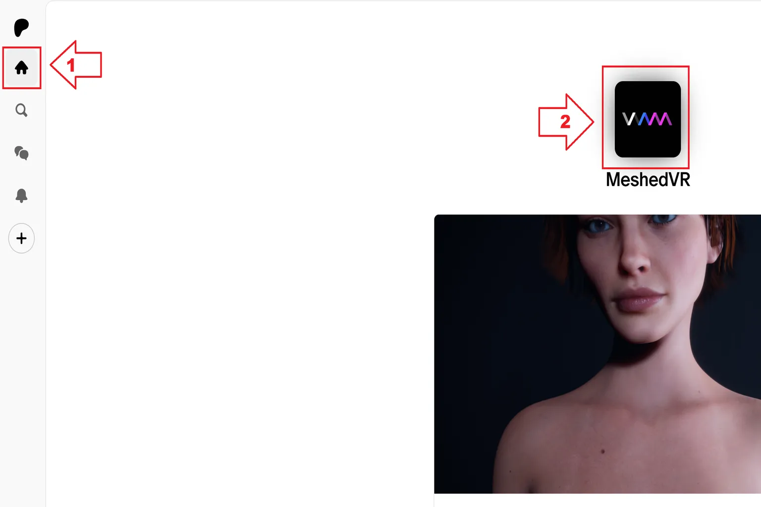 Auf der Patreon-Startseite das Home-Symbol in der linken Seitenleiste anklicken und anschließend die Creator-Seite von MeshedVR öffnen.