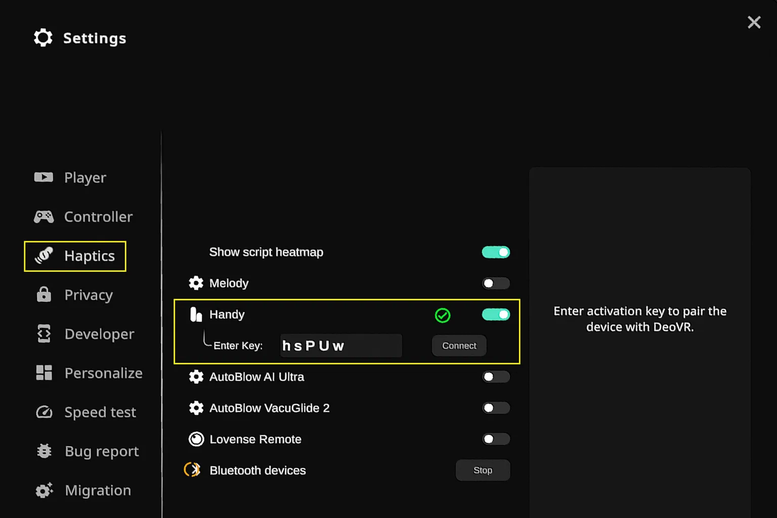 DeoVR Einstellungen im Bereich Haptics mit eingegebenem Handy Connection Key und markierter Handy-Verbindung.