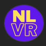 Das runde gelbe Logo von Never Lonely VR (NLVR) auf violettem Hintergrund – ein Symbol für die virtuellen Charakterarbeiten und Serieninhalte der Marke.
