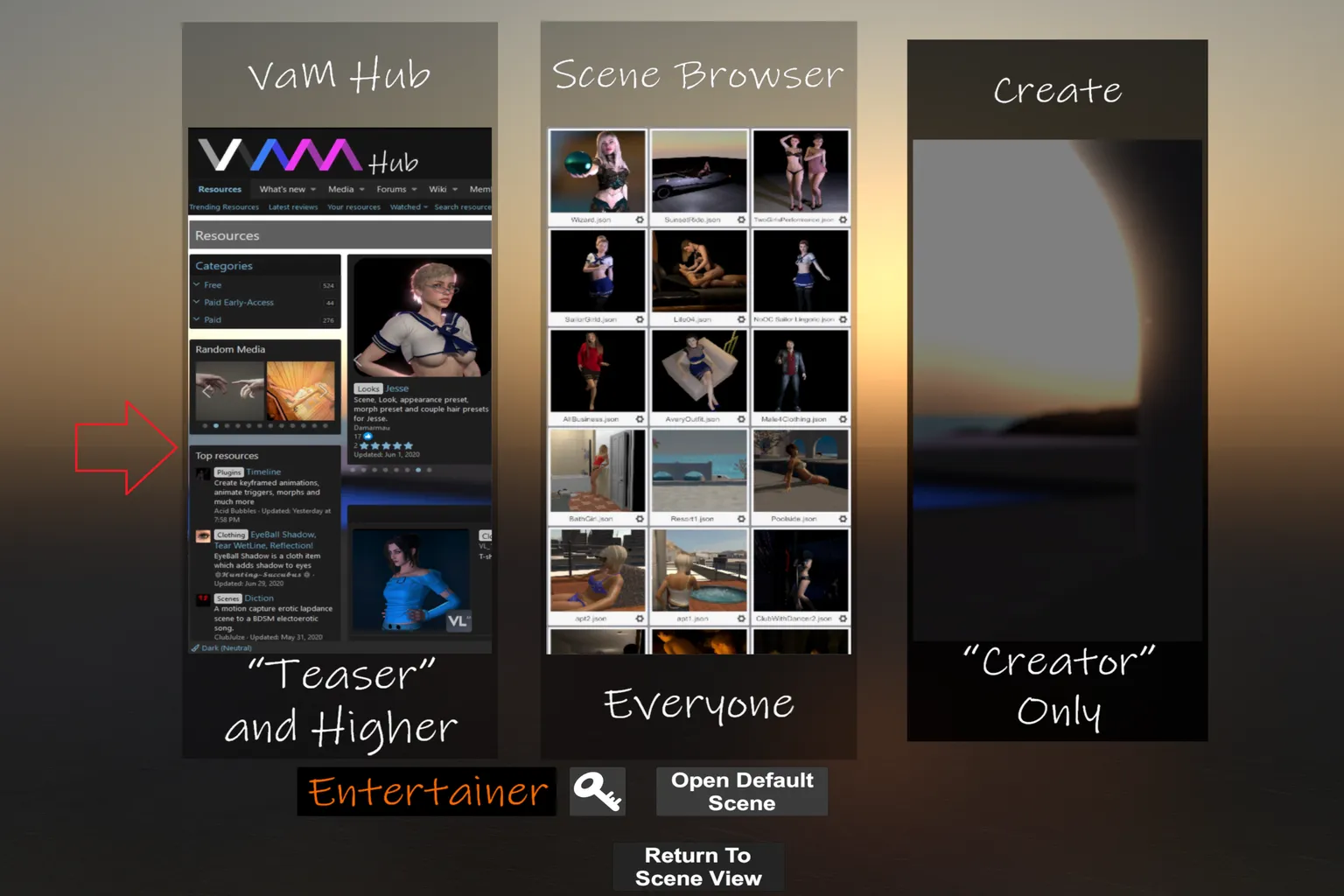 Das ist der Hauptbildschirm von VaM. Du siehst VAM Hub, Scene Browser und Create. Außerdem ist klar erkennbar, wo du in den VAM Hub gelangst.