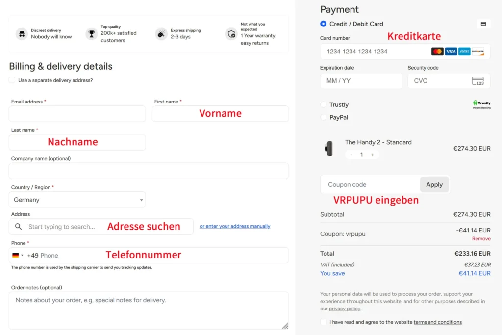 Checkout für The Handy 2 mit markierten Eingabefeldern für Vorname, Nachname, Adresse, Telefonnummer, Kreditkarte und Gutscheincode VRPUPU.