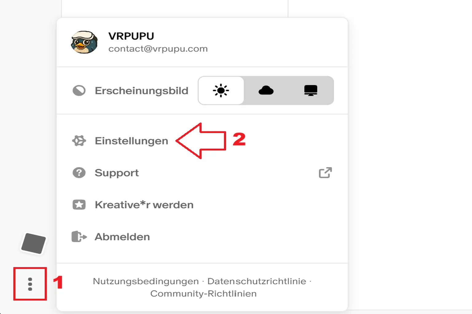 Klicke links im Patreon-Menü auf die Einstellungen, um deine VAM-Abo-Daten zu verwalten.