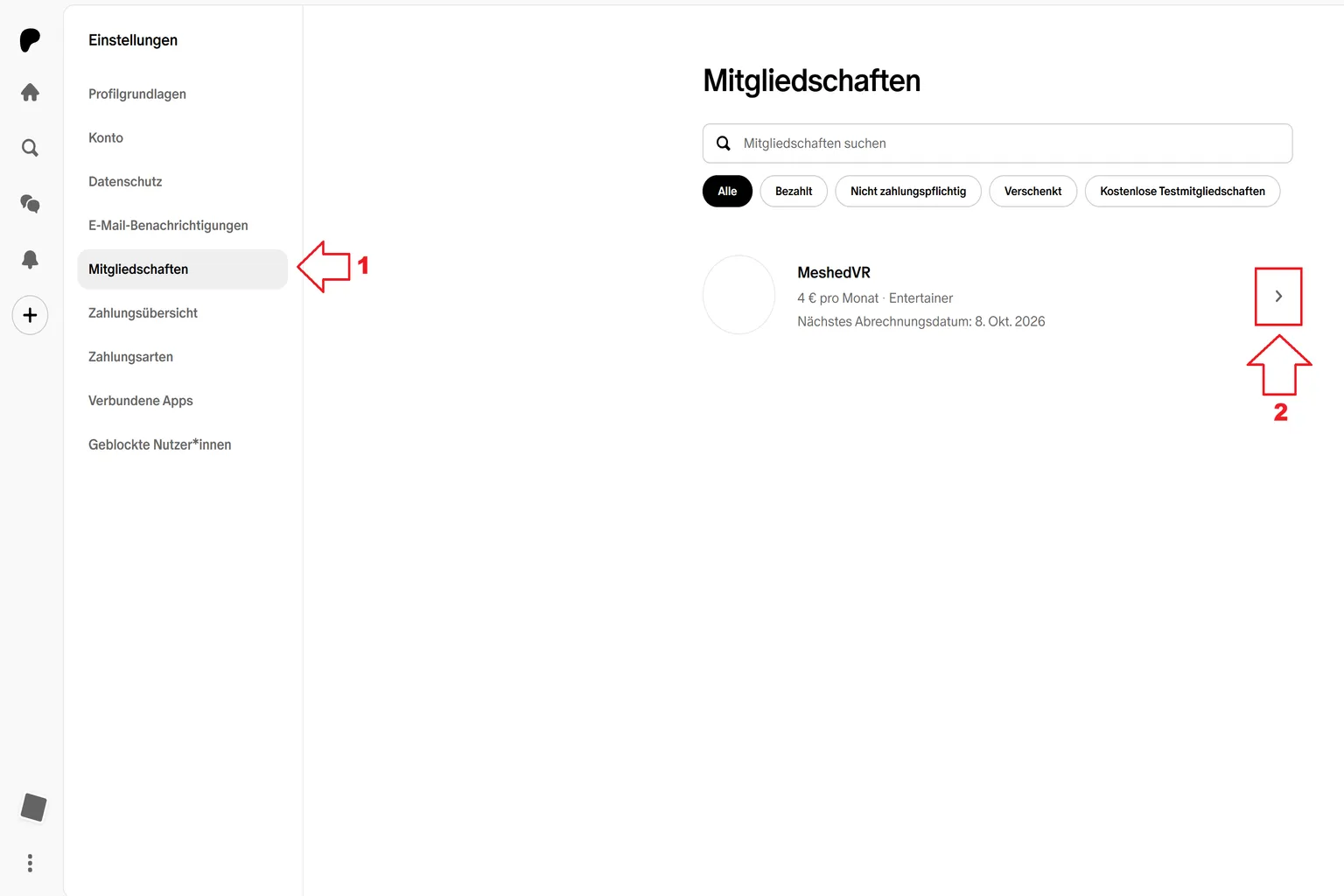Öffne die Seite Membership. Dort wird dein aktueller Plan als Entertainer angezeigt. Klicke darauf, um die Details zu sehen.