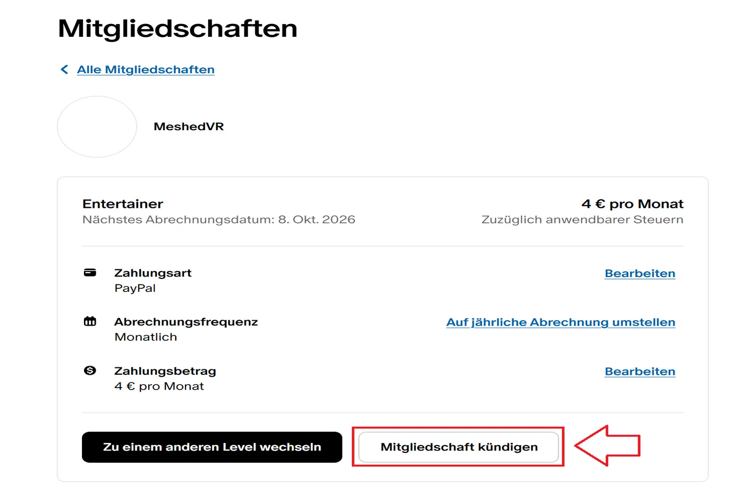 Auf dieser Seite werden auch deine Zahlungsmethode und Abrechnungsinformationen angezeigt. Scrolle nach unten und klicke auf Cancel membership, um die Kündigung zu starten.