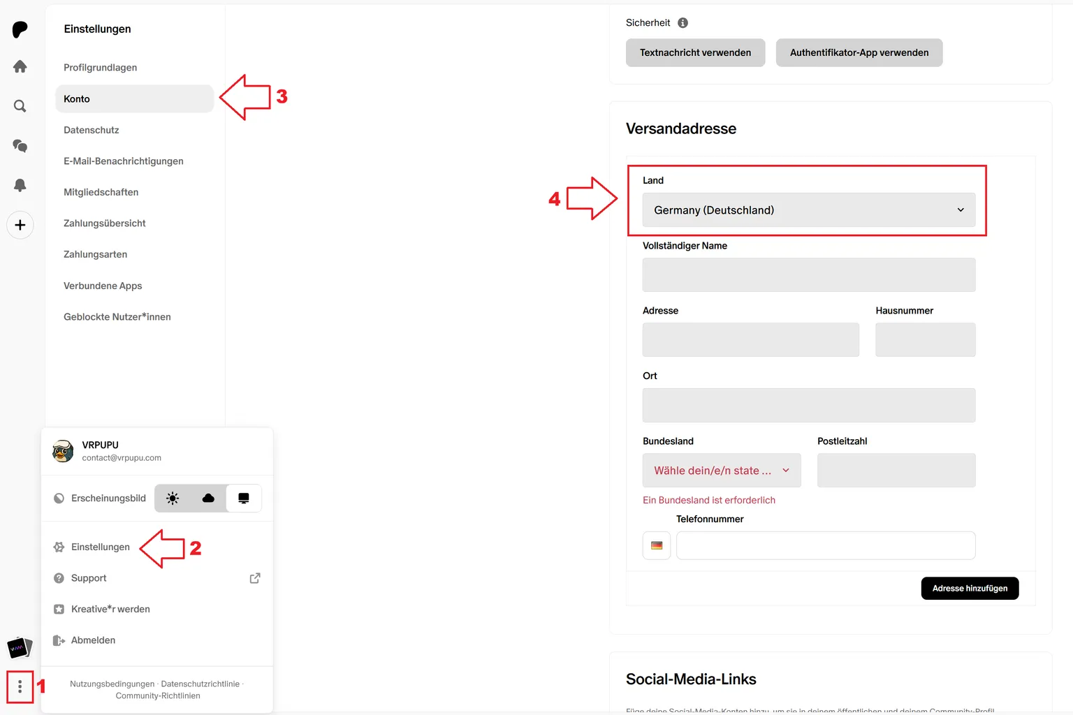 Patreon Einstellungen-Seite zeigt „Grundlagen“ und „Wohnsitzland“, Demonstration der Änderung des Landes zur Beeinflussung des Abo-Preises