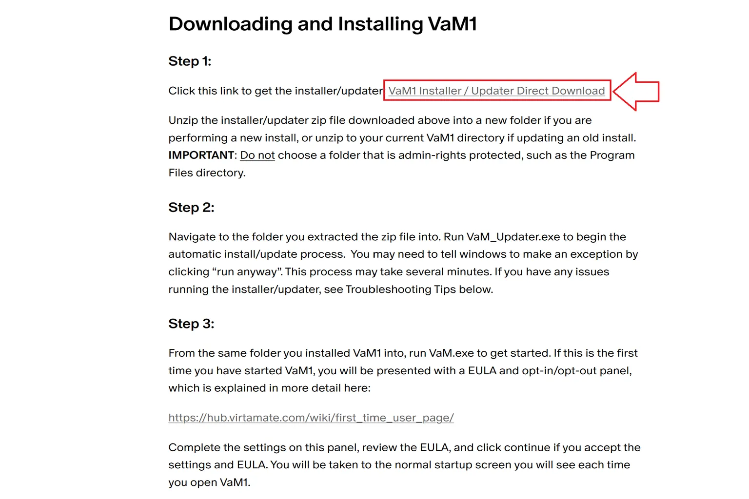 Die VaM1-Installationsanleitung mit dem hervorgehobenen Link „VaM1 Installer / Updater Direct Download“ zum Herunterladen des Installations- und Updateprogramms.