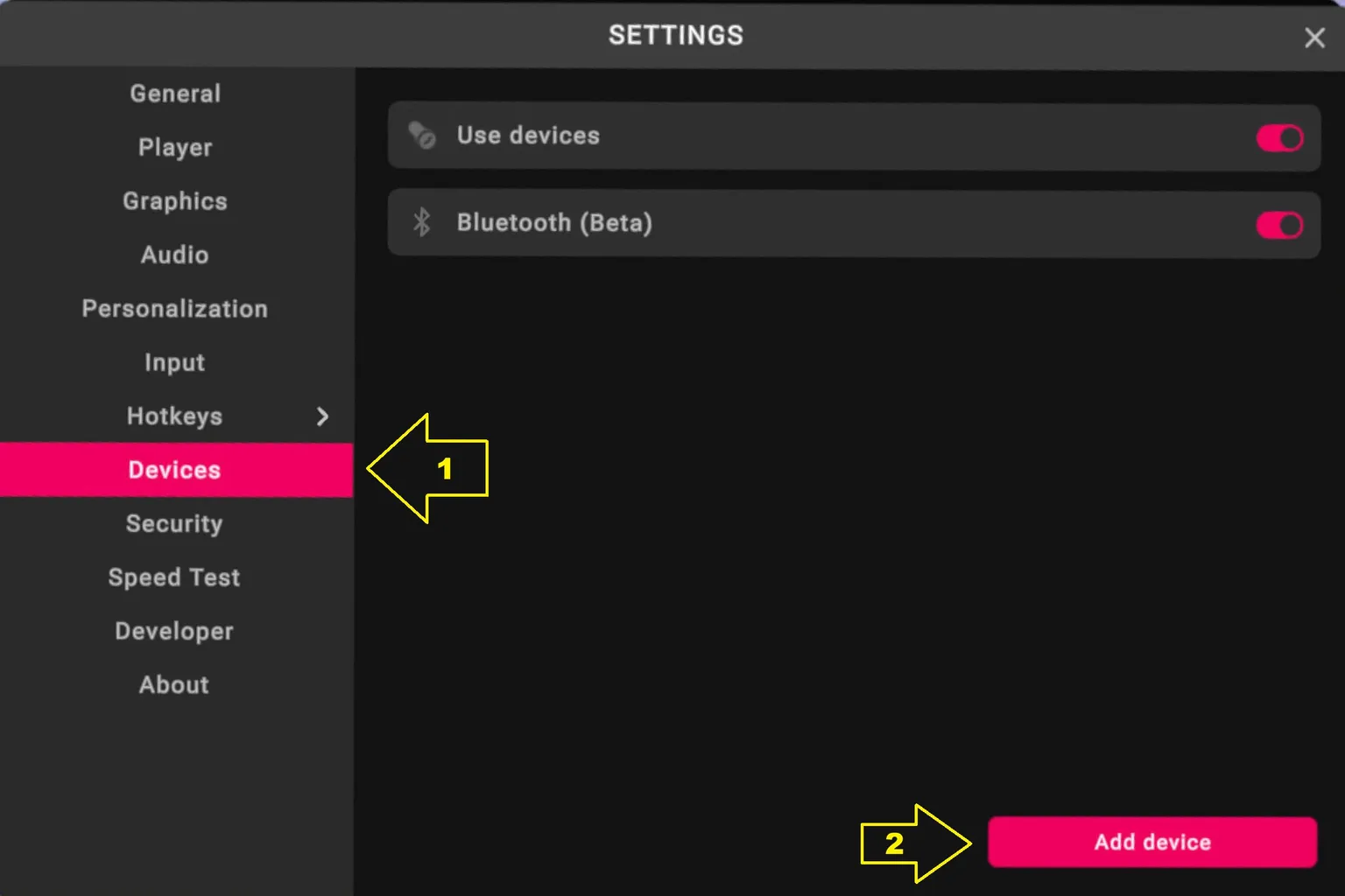 VRPorn Einstellungen im Bereich Devices mit aktivierter Gerätenutzung und markiertem Add-device-Button.