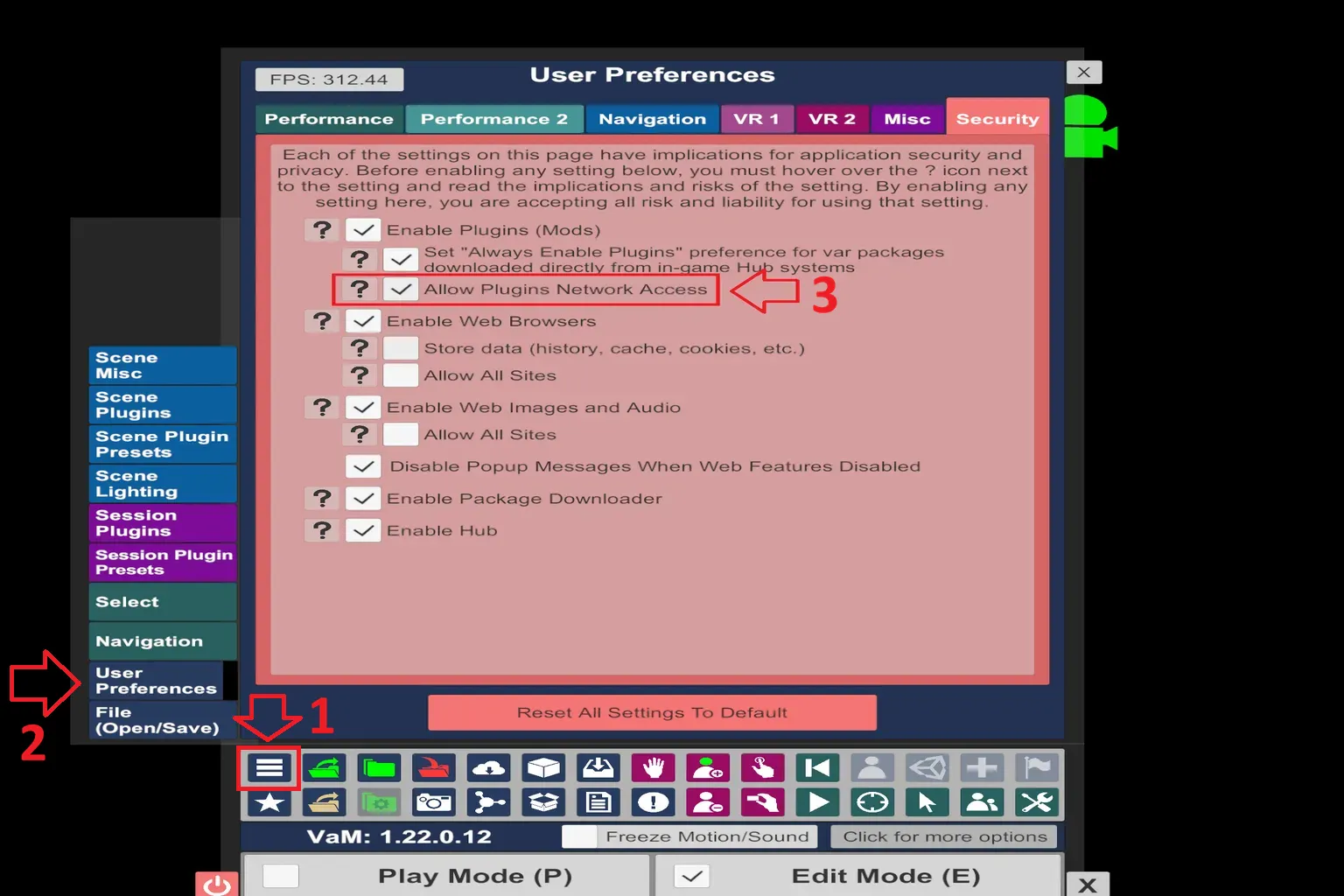Das ist der VaM-Bildschirm für die Benutzereinstellungen. Öffne die Seite Security, suche die Einstellung für Plugin-Netzwerkzugriff und aktiviere Allow Plugins Network Access, damit die Verbindung zu externen Geräten möglich ist.