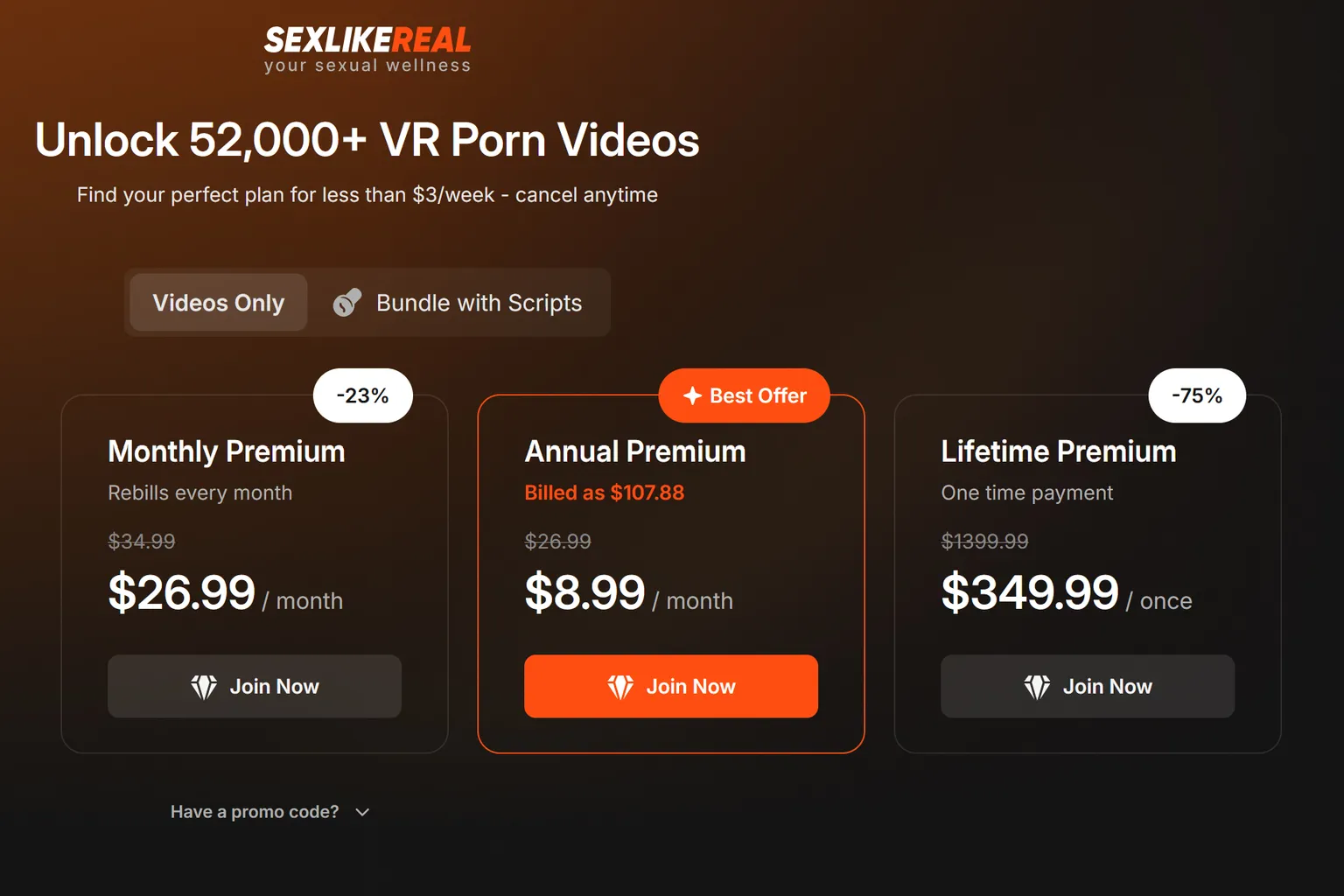 SexLikeReal Scripts Bundle-Tarifseite mit monatlichen, jährlichen und lebenslangen Preisen. Der Jahresplan ist als „Best Offer“ in einem orangefarbenen Rahmen hervorgehoben.