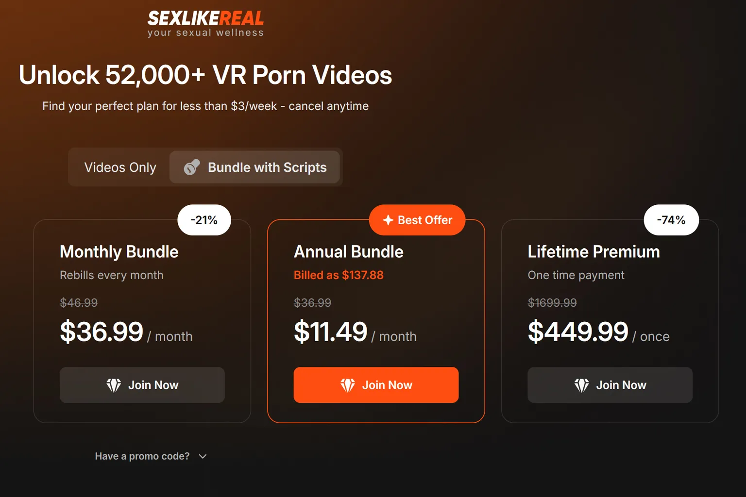 SexLikeReal Scripts Bundle-Tarifseite mit monatlichen, jährlichen und lebenslangen Preisen. Der Jahresplan ist als „Best Offer“ in einem orangefarbenen Rahmen hervorgehoben.