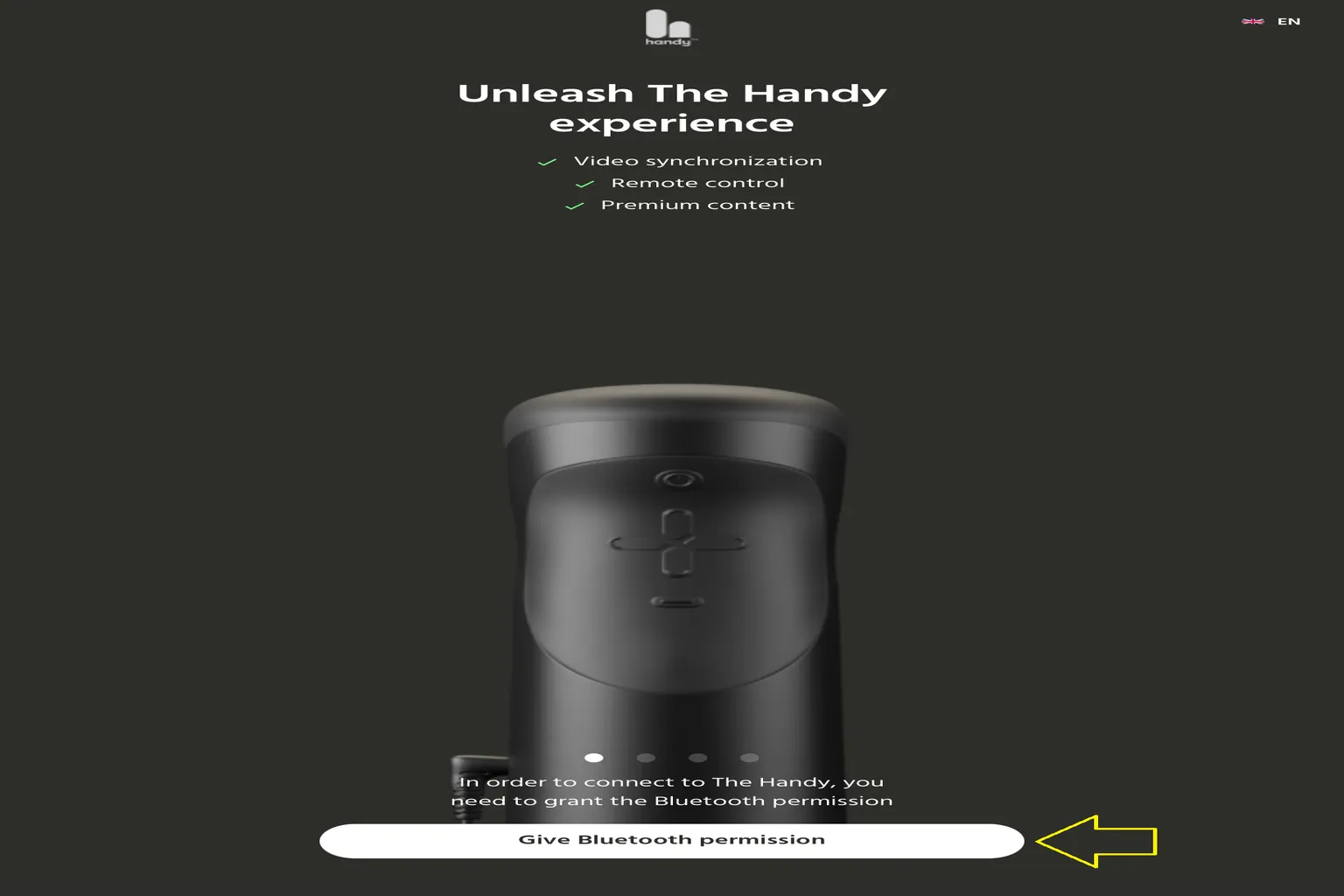 HandyOnboarding App mit Hinweis zur Bluetooth-Berechtigung und markiertem Button zum Erlauben der Verbindung.