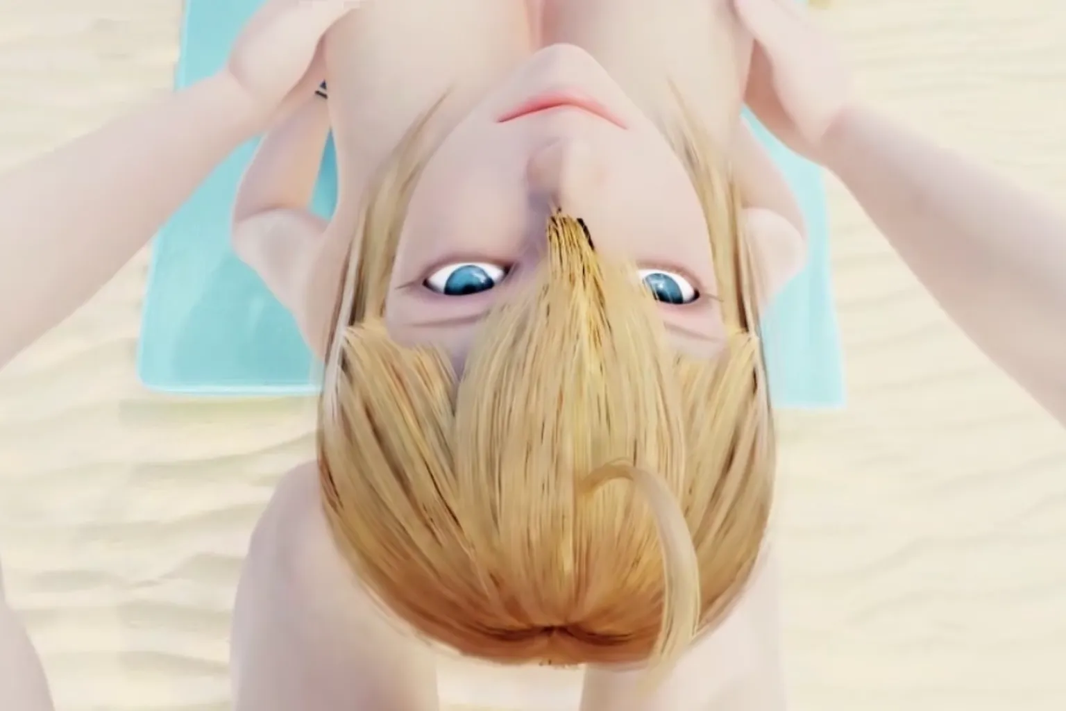 Eine Szene, in der ein blondes virtuelles Mädchen auf einer Strandmatte liegt. Die Kamera blickt von oben nach unten. Weißer Sand und eine blaue Sonnencremeflasche sind im Hintergrund zu sehen. Starkes Sonnenlicht und helle Farben vermitteln direkt ein sommerliches Strandgefühl.