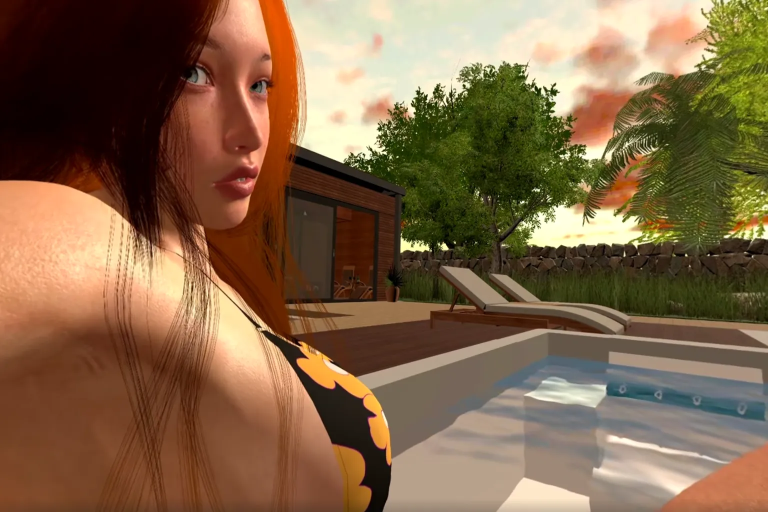 Eine Szene mit einem rothaarigen virtuellen Mädchen, das am Pool entspannt. Im Hintergrund stehen Holzgebäude und Liegestühle. Warmes Licht der untergehenden Sonne zeigt sowohl die Details der Figur als auch die ruhige Outdoor-Stimmung.