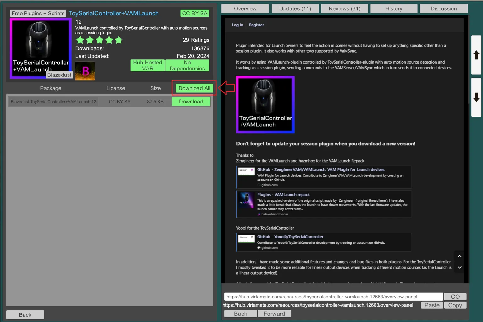 Öffne die Plugin-Seite von ToySerialController VAMLaunch im VAM Hub. Dort kannst du auch sehen, wo sich der Button Download All befindet.