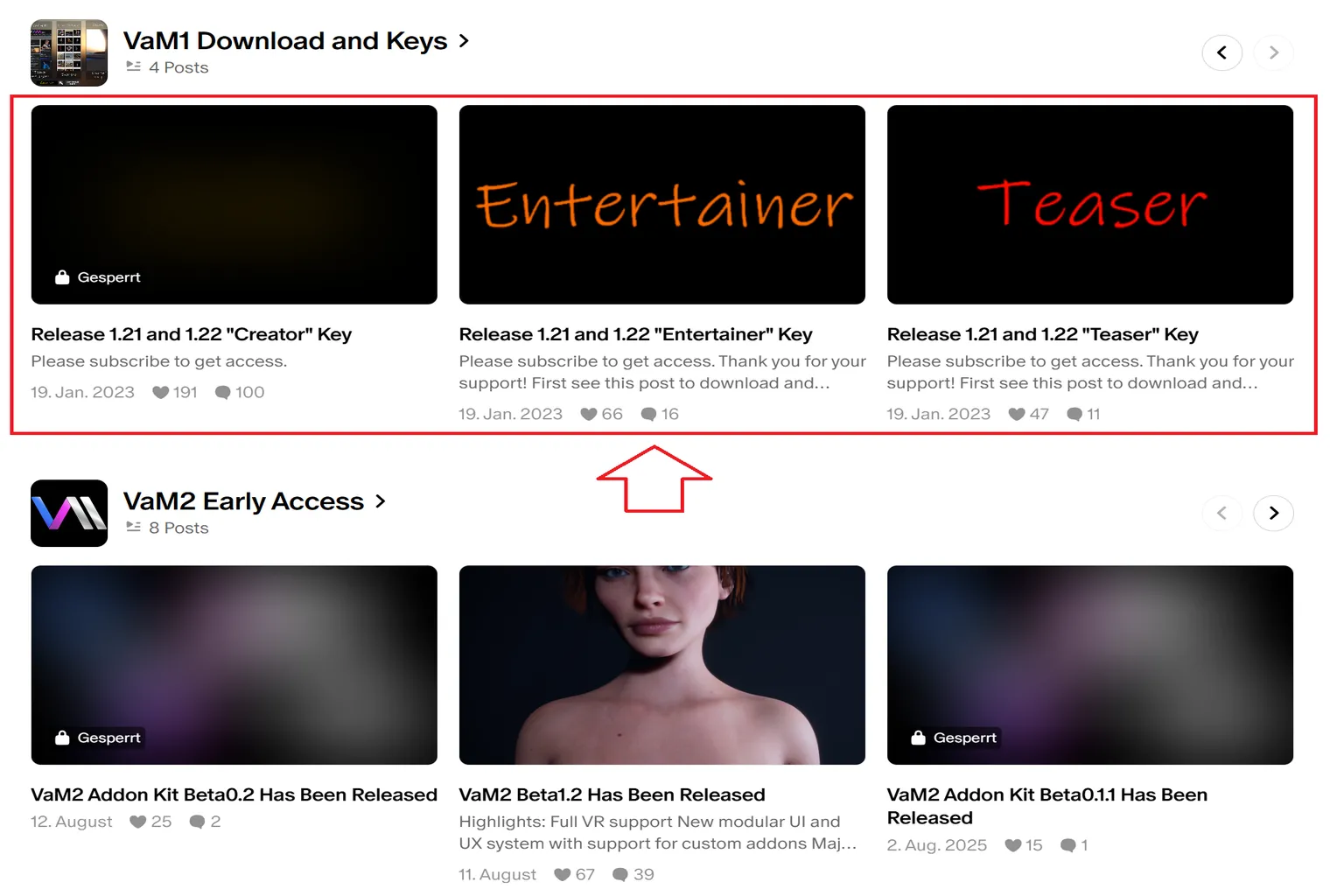 Der Bereich „VaM1 Download and Keys“ auf der Patreon-Seite von MeshedVR mit den Beiträgen zu den drei Lizenzschlüsseln Creator, Entertainer und Teaser.