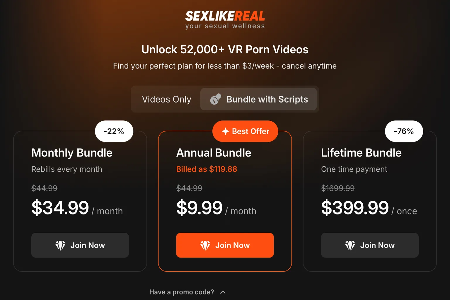 SexLikeReal Scripts Bundle-Preisübersicht nach Anwendung eines Rabattcodes. Aktualisierte Monats-, Jahres- und Lifetime-Preise sind sichtbar, der Jahresplan ist als bestes Preis-Leistungs-Angebot in einem orangefarbenen Rahmen markiert.