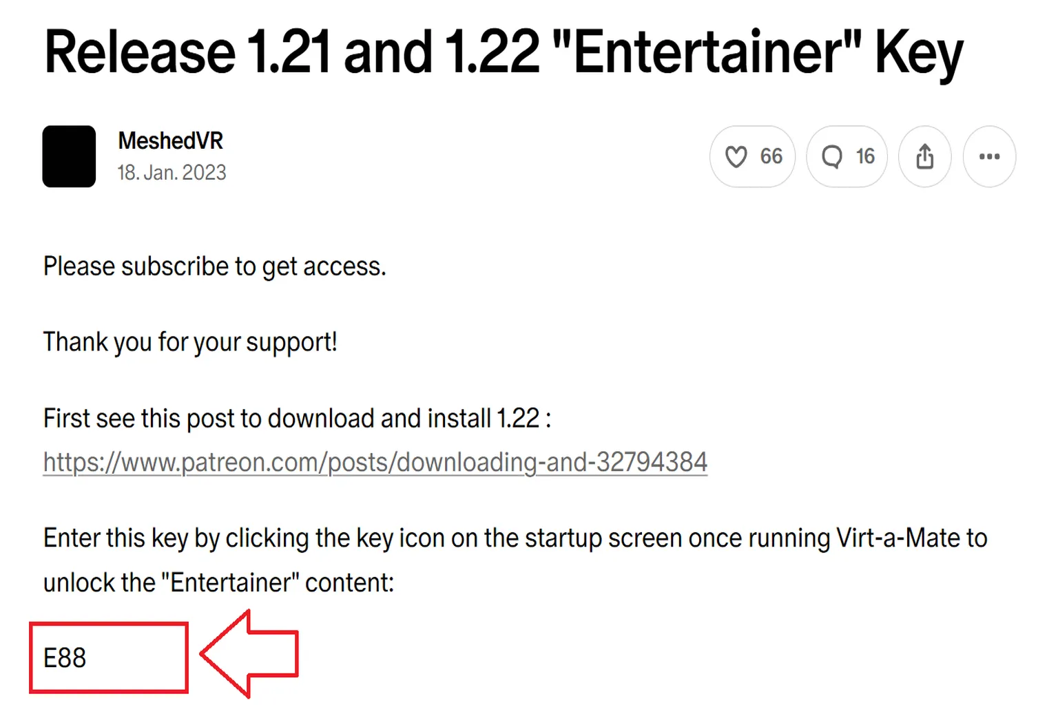 Im Bereich „VaM1 Download and Keys“ sind die Beiträge zu den Lizenzschlüsseln Creator, Entertainer und Teaser rot umrahmt.