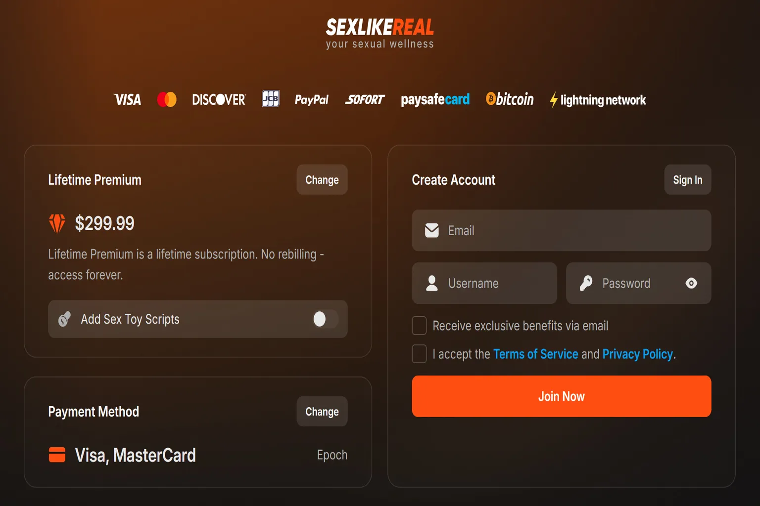 SexLikeReal-Anmeldeseite für ein Lifetime-Premium-Abo mit Preis von 299,99 US-Dollar, verschiedenen Zahlungsmethoden und Formular zur Kontoerstellung