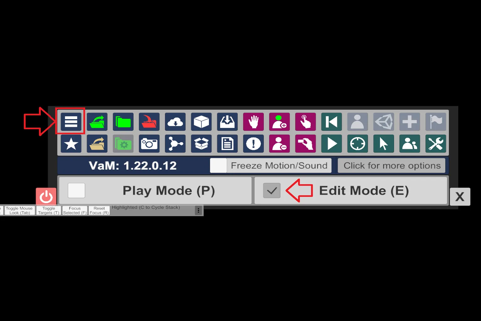 Auf dem VaM-Bildschirm aktivierst du Edit Mode, um vom Play-Modus in den Edit-Modus zu wechseln.