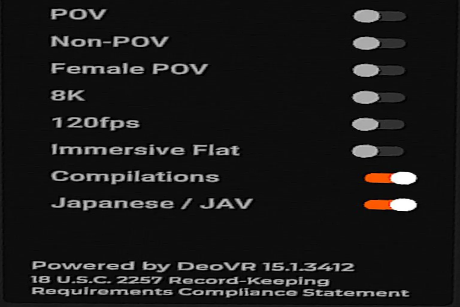 SLR-Filtermenü für Videoattribute mit visuellen und Perspektivoptionen wie POV, 8K, 120fps und Immersive Flat. Im unteren Bereich befinden sich Kategorie-Checkboxen für Compilation-Videos und japanische JAV-Inhalte.