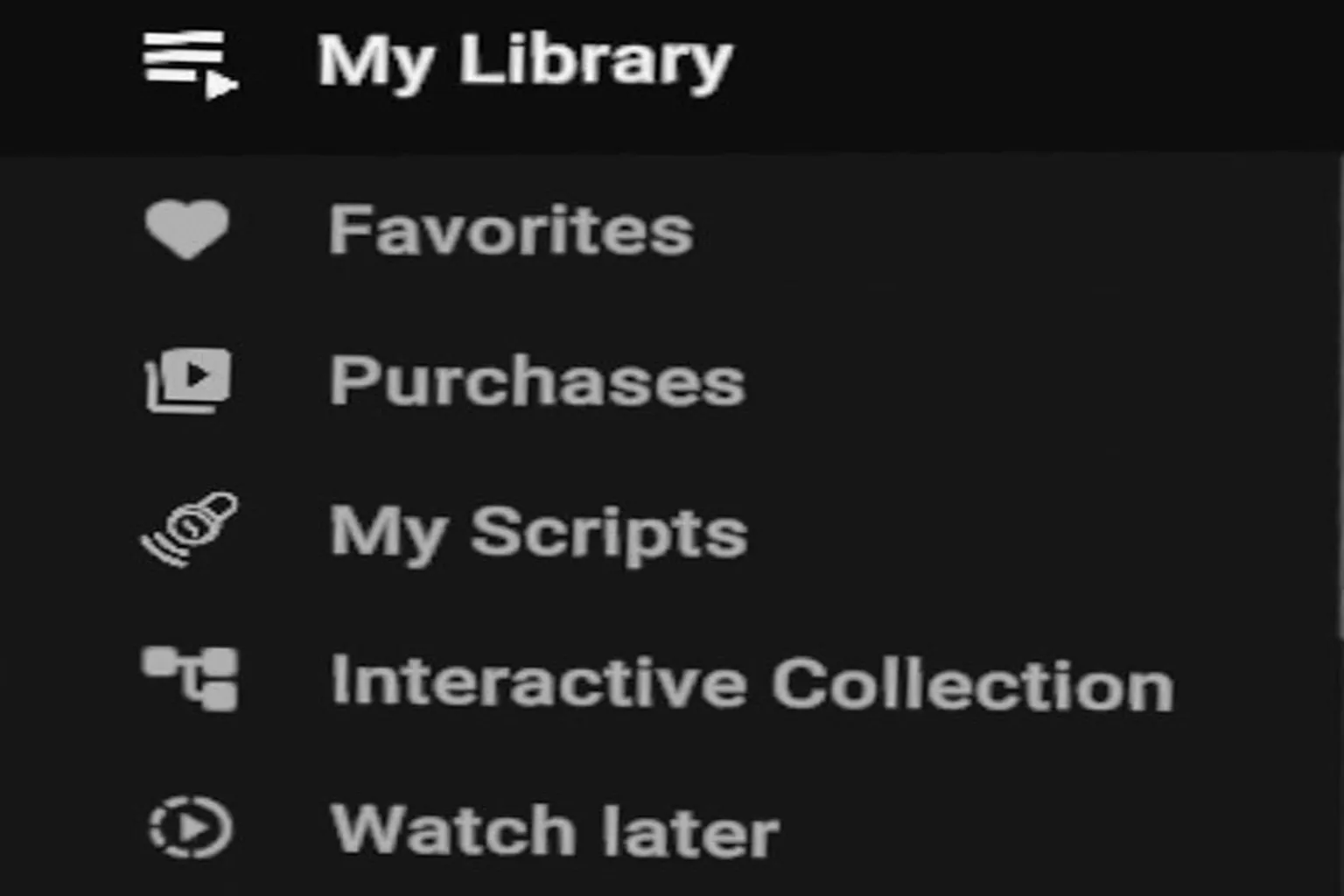 Persönliches SLR-Menü mit Favorites, Purchased, Scripts und Watch Later.