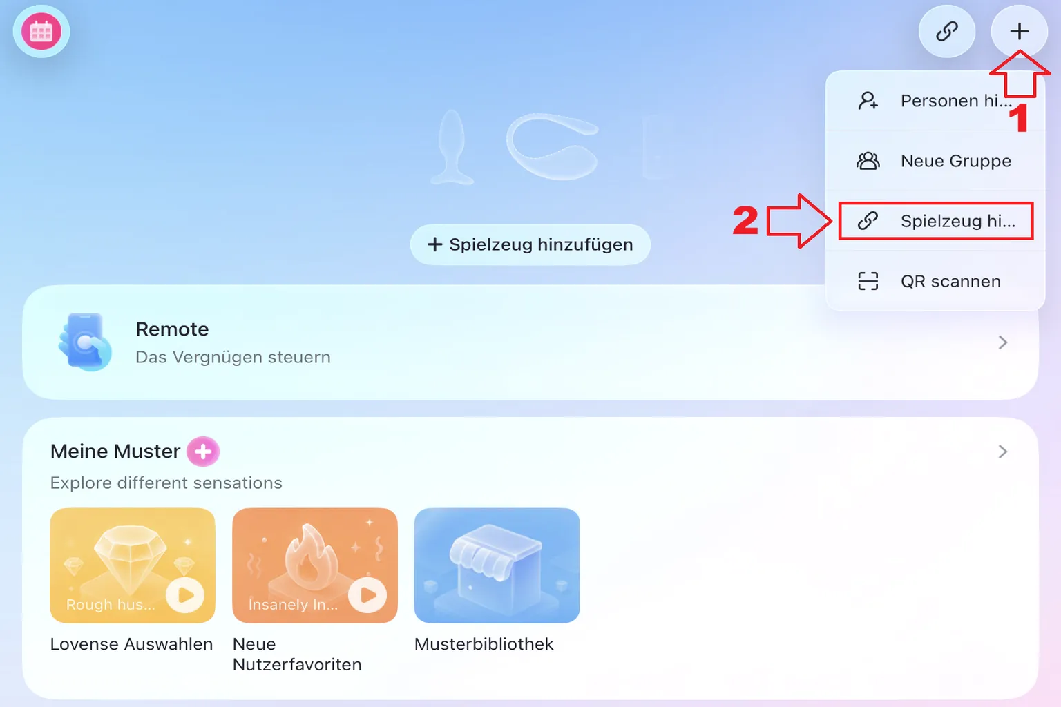 Startbildschirm der Lovense Remote App: Über das Plus-Symbol oben rechts lässt sich ein neues Gerät zur Kopplung hinzufügen