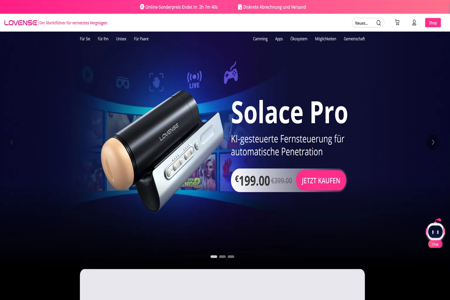 Lovense Solace Pro im offiziellen deutschen Online-Shop mit 50 % Rabatt, reduziert von 399 € auf 199 €, und dem Button „JETZT KAUFEN“