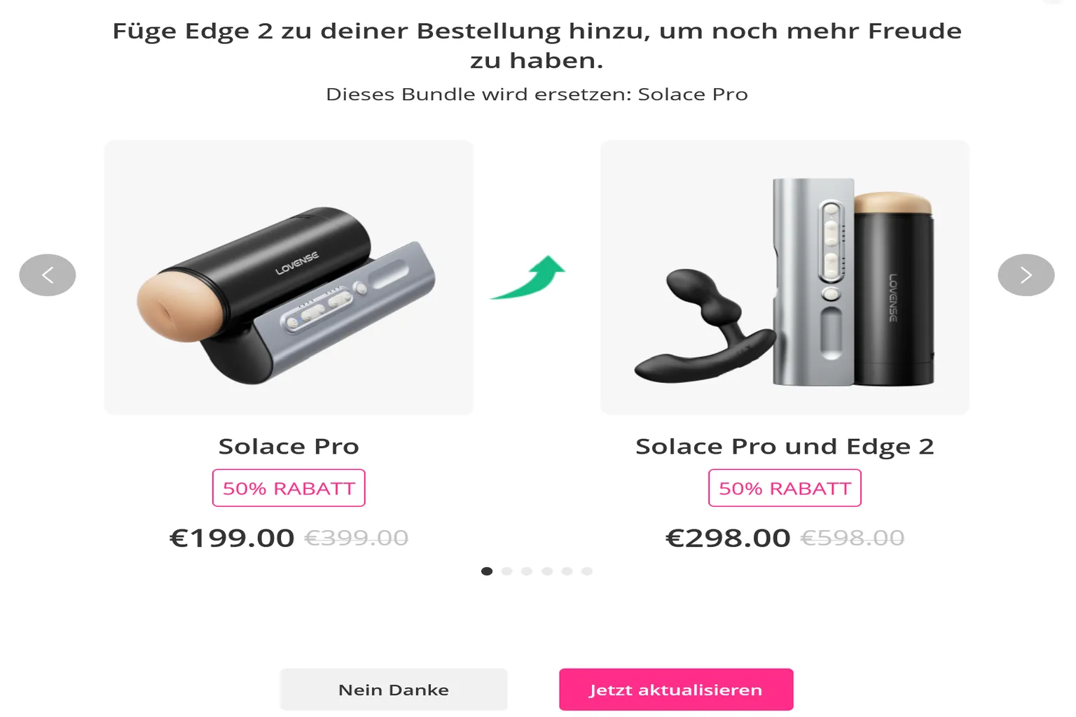 Bundle-Angebot im Lovense-Shop: Solace Pro einzeln für 199 € oder zusammen mit Edge 2 für 298 €, mit der Option „Nein Danke“