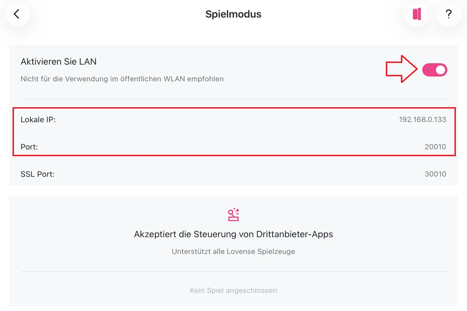 Game-Mode-Einstellungen der Lovense Remote App mit aktiviertem LAN und Anzeige der lokalen IP-Adresse sowie der Portnummer
