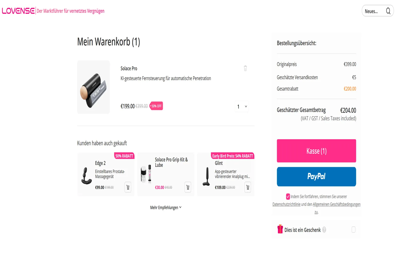 Warenkorb im deutschen Lovense-Shop mit Solace Pro für 199 €, 5 € Versandkosten, 200 € Rabatt und einem Gesamtpreis von 204 €