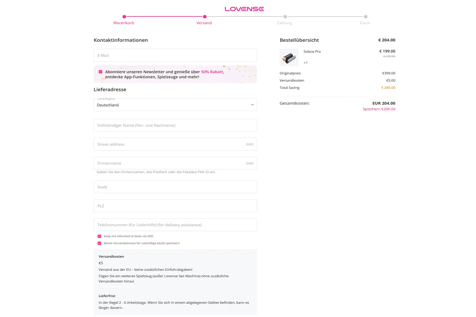 Bestellformular von Lovense mit Deutschland als Lieferland, Eingabefeldern für Name und Adresse sowie einem Gesamtpreis von 204 € inklusive 5 € Versandkosten