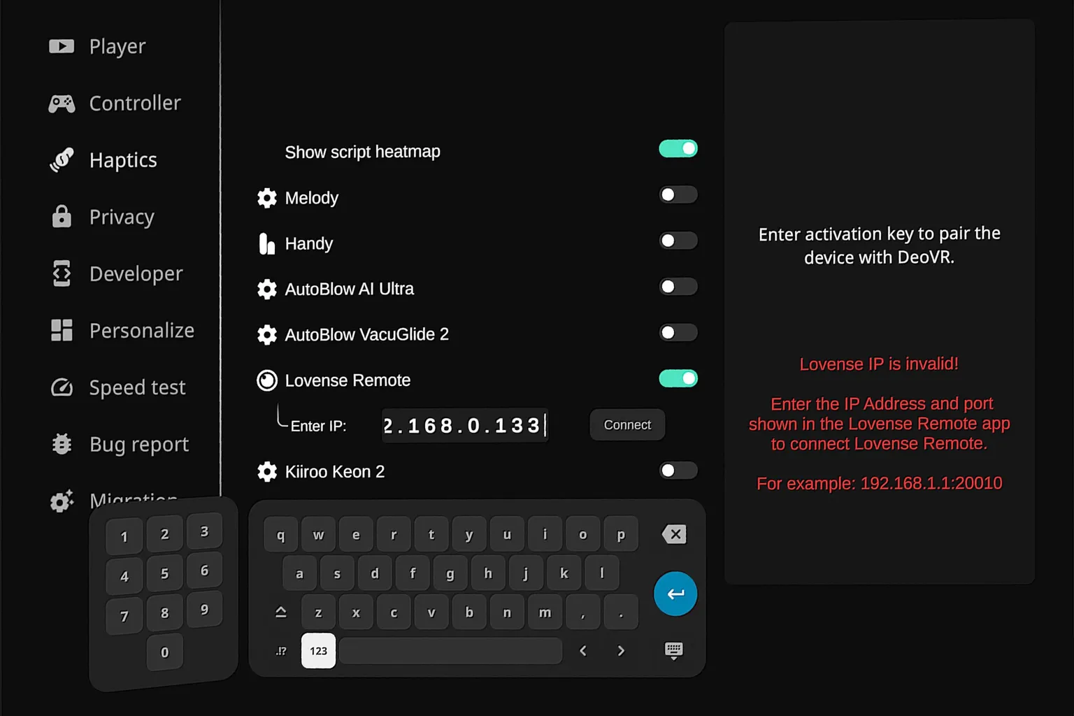 DeoVR Classic zeigt die Fehlermeldung „Lovense IP is invalid“, weil bei der Verbindung die erforderliche Portnummer fehlt